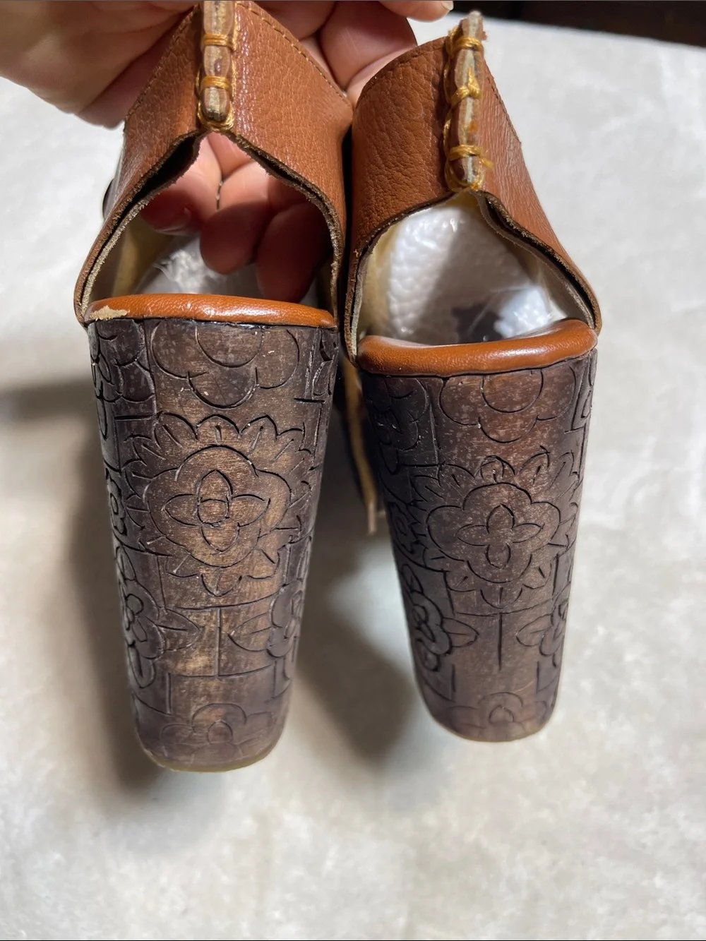 Free People Brown Leather Carved-Wood Platform Sandals Size 37